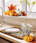 Thanksgiving Dish Drying Mat Set For Kitchen Counter, Pumpkin Harvest Maple Leaf Wood Grain Design, next to sink with dishes