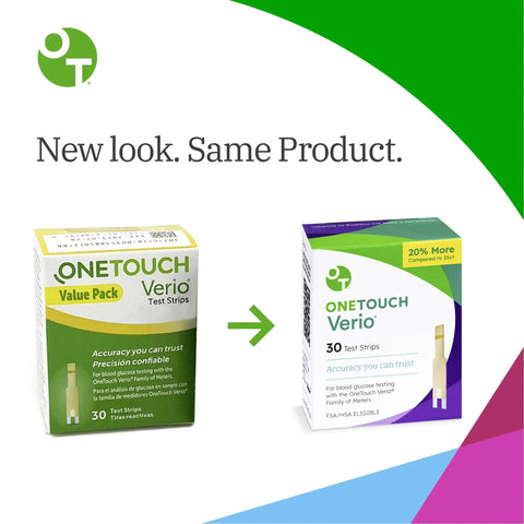 Verio Blood Glucose Test Strips For Daily Sugar Checks, Fast Five Second Readings, two boxes showing updated packaging