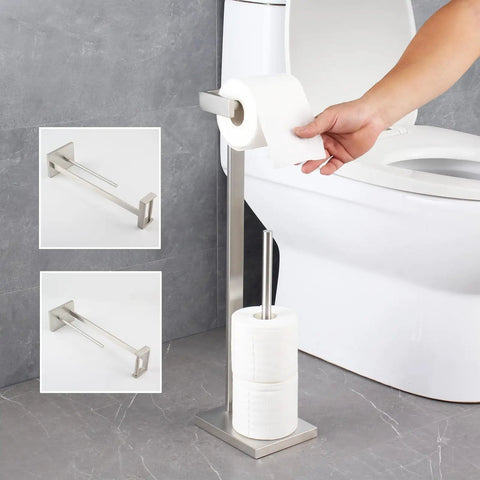 Free Standing Toilet Paper Holder for Bathroom Made From SUS 304 Stainless Steel With Brushed Finish beside toilet seat
