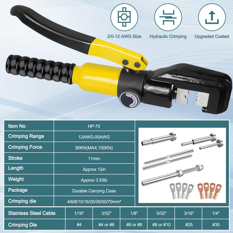 Beefy Hydraulic Crimping Tool Kit With 13 Dies, 10 Ton Battery Cable Crimper and Wire Rope Crimper for 12AWG to 2/0AWG details.