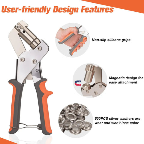 Five Hundred Piece Grommet Tool Kit For Fabric And Tarp Projects With Ten Millimeter Inner Diameter Eyelets features tools and eyelets
