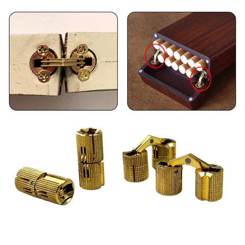 Close-up of 10Pcs Brass Hidden Barrel Hinges for Jewelry Boxes and Small Cabinets, 180 Degree Opening, Invisible Cabinet Hardware