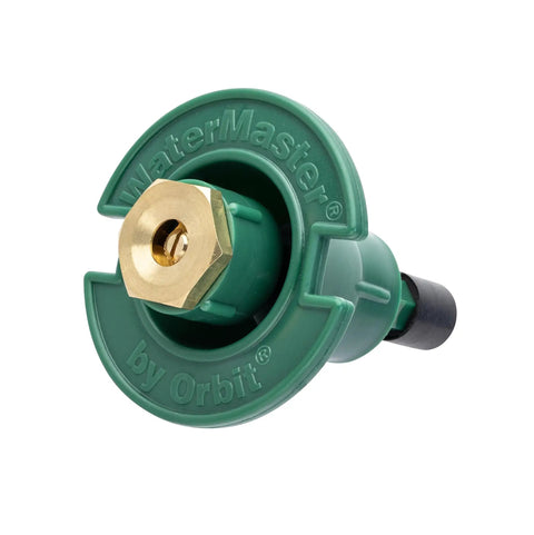 No Fuss Premium 10 Pack Plastic Flush Pop Up Sprinkler Heads With Bombproof Brass Full Spray Nozzle close-up of brass nozzle.