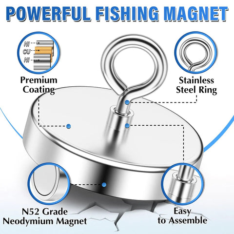 Beast Mode Neodymium Fishing Magnet With Countersunk Hole, 1600 Lbs Pull, 4.72 Inch Diameter, showing design features and specs.