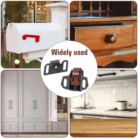 Mailbox Replacement Roller Catch Latch Kit for cabinets, RV latches, and kitchen use, shown against mailboxes and cabinets.