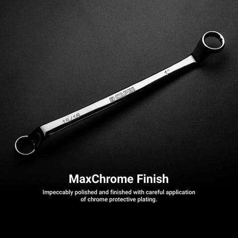 Extra Clearance And Leverage To Tackle Hard To Reach Fasteners In Tight Spaces With A Deep 75 Degree Offset Double Box End Wrench Set SAE One Quarter To One Inch 7 Piece With Heavy Duty Canvas Pouch
