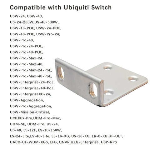 Heavy Duty One U Rack Ears Compatible With Ubiquiti Switch 16 24 48 Series, silver steel bracket with mounting holes.