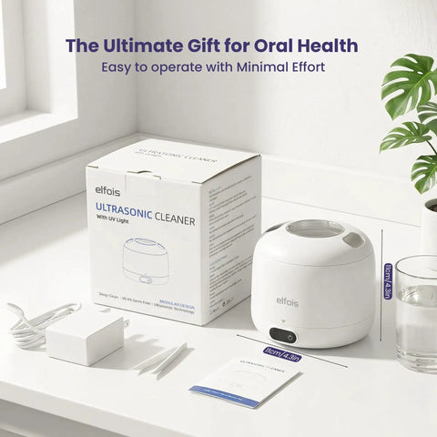 Ultrasonic Retainer Cleaner With UV Light And 45KHz Cleaning Pod, 4 Modes, Detachable Design For Invisalign, Aligners, Night Guards, Mouth Guards, And Dentures, Pro Grade Home Care on countertop with packaging.