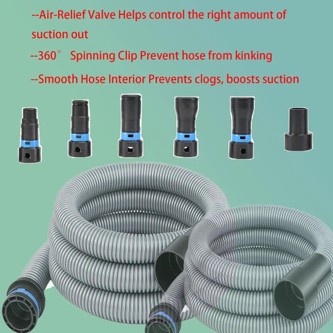 16 Ft Universal Vacuum Hose Extension Kit With Six Adapters For Home Shops And Tools Dust Collection Hose Fits Most Major Brand Vacuums One Quarter Inch To One Half Inch Connections Silver Gray displayed with coiled hose and adapters