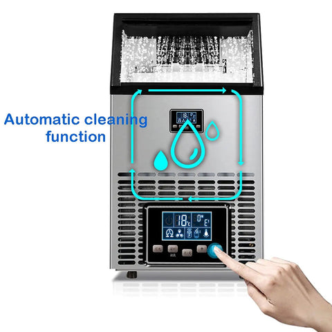 Portable Countertop Ice Cube Maker With Quiet Self Cleaning System and Sleek LED Panel displaying automatic cleaning function.