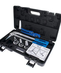 Open case of Pex Tube Expansion Tool Kit with 1/2, 3/4, 1 inch expansion heads, manual expander, and tube cutting pliers.