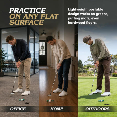 Golfers using Putting Trainer Alignment Gate That Reveals Push Pull And Face Angle For Start Line And Roll Consistency Indoor Outdoor
