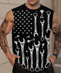 Mens Sleeveless Crew Neck Muscle Tank Top With A Fire Car Mechanic American Flag Print, showcasing wrenches and nuts design.