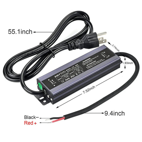 Beefy 12V LED Power Supply IP67 Waterproof, 150W Constant-Voltage LED Transformer with measurements and plug view