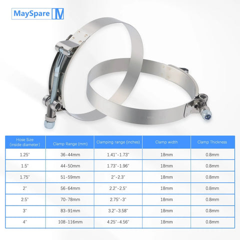 MaySpare two stainless steel T-bolt hose clamps, 108–116 mm inner diameter range for 4-inch hoses, angled front view