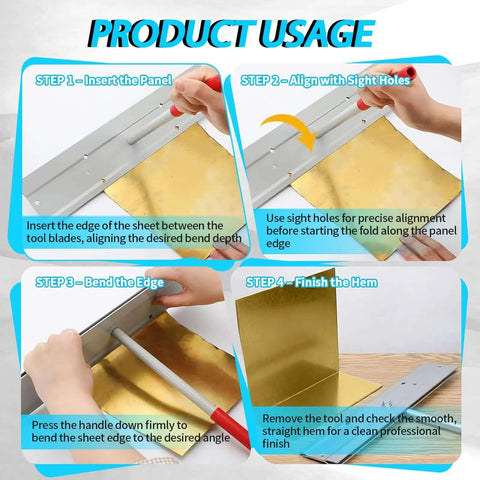 Steps to use 15.25 Inch Sheet Metal Bender Tool For 24 Gauge Steel Folds, showing insertion, alignment, bending, and finishing steps.