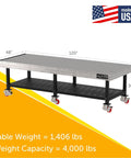 Robust Welding Fixture Workbench With Spacious Bottom Shelf And Easy Roll Handle engineered for bulletproof custom clamping setups. 120x48x36 inches.