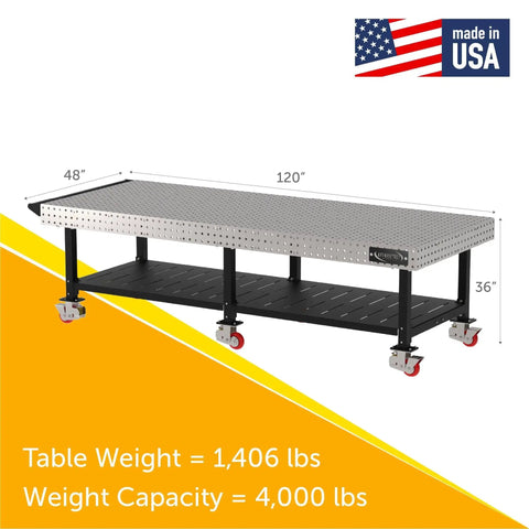 Robust Welding Fixture Workbench With Spacious Bottom Shelf And Easy Roll Handle engineered for bulletproof custom clamping setups. 120x48x36 inches.