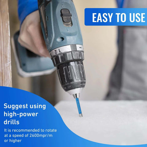 Amazon 6-piece diamond drill bit set for porcelain, ceramic, glass and tile; blue-coated bit in cordless drill, close-up view