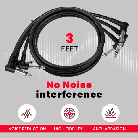 Three Foot Guitar Patch Cable With Right Angle Plug For Pedalboard Effects, displayed coiled with noise reduction features.
