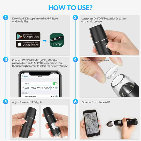 Wireless Handheld Digital Microscope for Kids and Adults, 50x to 1000x Magnification, 360 Degree Rotating Stand, Compatible With iPhone iPad Android Phones and Tablets, Portable, Great for Learning and Exploration. How to use guide