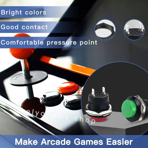 24Pcs 16Mm Momentary Push Button Switches 2 Pin Self Resetting Round On Off Assorted Red Green Yellow Blue White Black 3A 250V AC Mini Button Switch Kit shown on arcade panel with close-up of green switch.