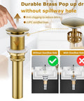 Durable brass pop up drain without spillway hole, anti-clogging benefits, cUPC certified, shown with and without overflow hole.