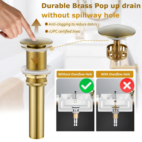 Durable brass pop up drain without spillway hole, anti-clogging benefits, cUPC certified, shown with and without overflow hole.