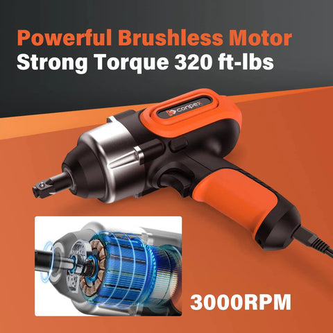 Corded One Half Inch Impact Wrench With Detent Ball Anvil, 320 Ft Lbs Max Torque, 12V Brushless Power Gun, Ultra Lightweight