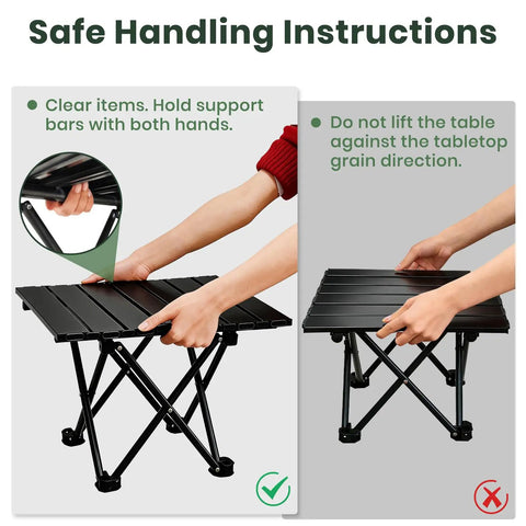 Ultralight Portable Camping Table Foldable With Carry Bag For Outdoor Travel Beach Camp Picnic BBQ Cooking Festival Boat And Home Use 2.46 Lb Lightweight Easy Carry, showing safe handling instructions with black foldable table.