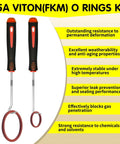 Viton O Ring Kit 390 Piece Set With 30 Sizes Metric Assortment Of High Temperature FKM Seals, two ring hooks, benefits listed.