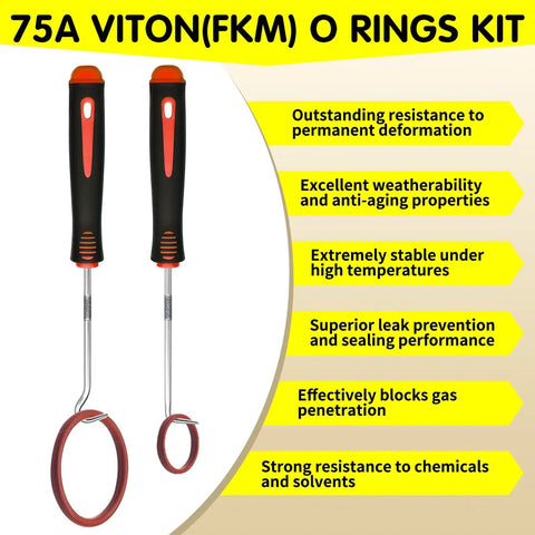 Viton O Ring Kit 390 Piece Set With 30 Sizes Metric Assortment Of High Temperature FKM Seals, two ring hooks, benefits listed.