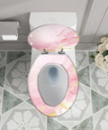 Elongated Toilet Seat Quiet Close Bathroom in pink marble design, fits standard toilets, top view showing adjustable hinges.