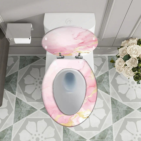 Elongated Toilet Seat Quiet Close Bathroom in pink marble design, fits standard toilets, top view showing adjustable hinges.