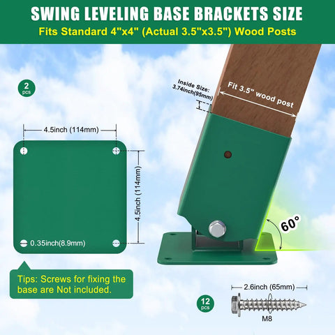 Heavy Duty A-Frame Swing Set Middle Bracket Kit With Four Swing Leveling Bases For 4x4 Posts And 4x6 Beam, DIY Swingset Hardware For Easy Install, Fits Standard Wood Beams And Posts