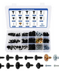 160 Piece Universal Car Body Panel Screws And Fasteners Kit With 14 Sizes Metal Phillips Self Tapping Bolts And Bumper Retainer Clips In A Handy Storage Box For Your Ride Bumper Hood Repairs And Upgrades displayed in open case
