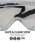 Close-up of clear protective lab safety goggles ANSI Z87.1 polycarbonate lens and vented frame for chemistry work.