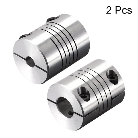 Two Pack Aluminum Helical Beam Motor Shaft Coupler Five Mm To Twelve Mm Bore Zero Backlash Spring Flex Design for DIY Pros, showing two aluminum couplers.