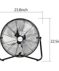 Heavy Duty 20 Inch High Velocity Floor Fan With 4650 CFM, Three Speeds, Metal Construction, front view with dimensions