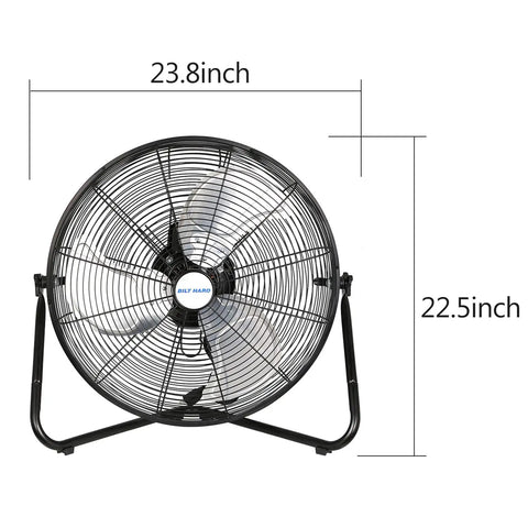 Heavy Duty 20 Inch High Velocity Floor Fan With 4650 CFM, Three Speeds, Metal Construction, front view with dimensions