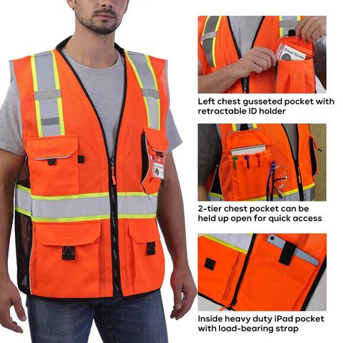 Orange Mesh Reflective Safety Vest With ID Pocket And Padded Neck, Heavy Duty Construction, 3M Reflective Tape, Size XL, Side Pockets