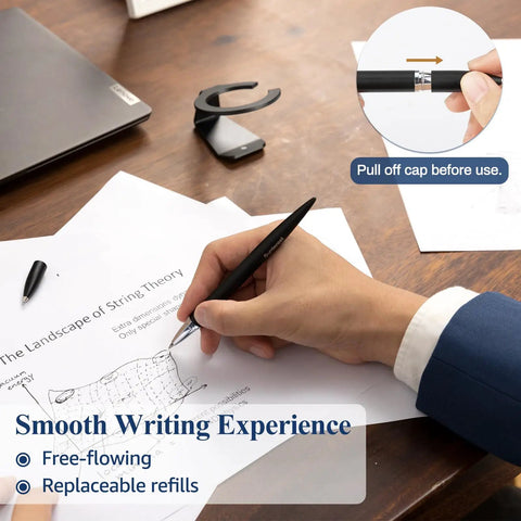 Magnetic Levitation Gel Ink Pen Floating Anti Gravity Desk Gadget For Men And Women in use on a desk with papers and cap details.