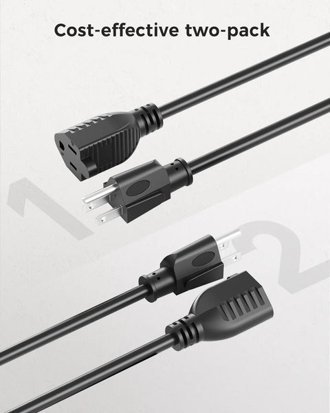 ETL Listed Two Pack 16 AWG Heavy Duty Power Extension Cords, 10 Foot, 3 Prong NEMA 5-15P To 5-15R, Indoor Outdoor, Weather Resistant, Black