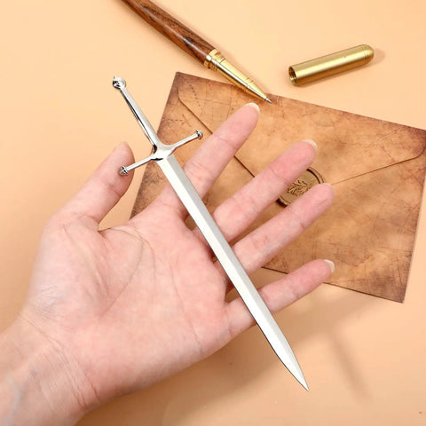 Holding Vintage Sword Style Letter Opener For Envelopes And Mail With Slick Precision Slitter And Ergonomic Silver Handle
