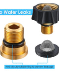 Garden Hose To Pressure Washer Adapter Three Quarter Inch Female To Three Eighth Inch Male Water Inlet Fitting For Pressure Washers Works With Simpson Cleaning Pumps And More Durable Brass Easy Snap Fit Universal Compatibility, showing brass fitting with rubber rings and mesh filter, labeled 'No Water Leaks'.