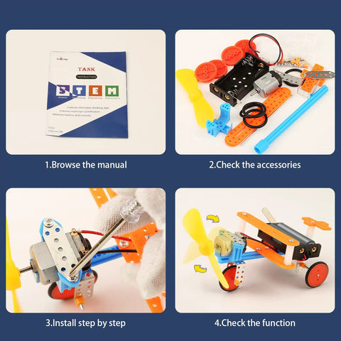 Totally Cool STEM Kits For Kids Ages 6 To 12 with Solar Powered Car and Wind Powered Car shown in step-by-step assembly guide