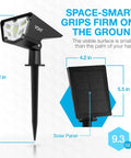 2 Pack Solar Powered Outdoor LED Lights IPX7 Waterproof Landscape Spotlights showing dimensions and solar panel design