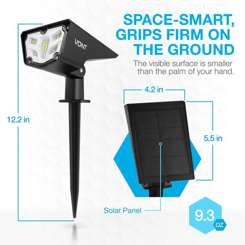 2 Pack Solar Powered Outdoor LED Lights IPX7 Waterproof Landscape Spotlights showing dimensions and solar panel design