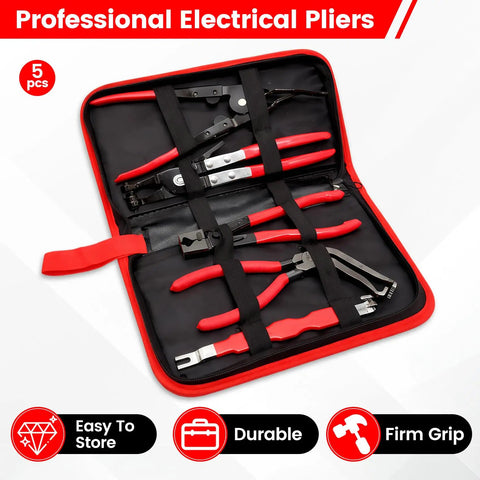 Automotive Electrical Disconnect Pliers Kit with Case, 5 red-handled tools, open in storage case, easy connector removal