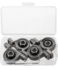 Set of four 8 mm bore ball-mounted pillow block insert bearings, metallic gray, in a clear plastic case.